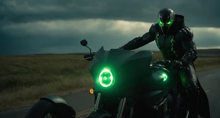 Dark Moody Atmosphere, (Cinematic Film stock footage style) in (arri alexa style) (Kodak film print style),
<lora:Spawn:1>
Spawn a man in a black living symbiotic costume suit standing next to a motorcycle with a glowing green eyes, dramatic, mysterious, dark moody atmosphere