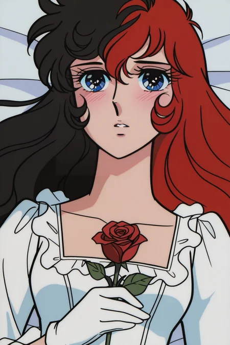 <lora:VersaillesnoBara:1>, VersaillesnoBara, retro artstyle, 1girl, flower, rose, solo, red flower, looking at viewer, long hair, red rose, red hair, lying, black hair, blush, parted lips, upper body, blue eyes, multicolored hair, long sleeves, white dress, hair between eyes, dress, bouquet, on back, white gloves, white flower, frills