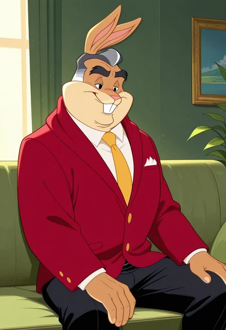 masterpiece, best quality, amazing quality, very aesthetic, absurdres, newest, high quality, detailed, male, solo male, WalterBunny, 1boy, mature male, male, athletic build, rabbit, black eyes, tan fur, light underbelly, black and grey hair, broad shoulders, white shirt, yellow tie, red jacket, black pants, half body, indoors, sitting on couch, smiling, volumetric lighting