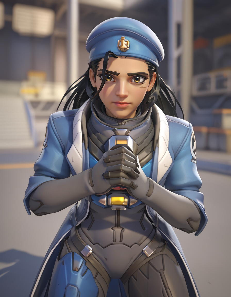 Masterpiece, high-res, 2k, best quality, 2.5d, 1girl,  cpt amari, ana (overwatch) , eye of horus  <lora:cpt_amari_pony-000037:1>  Enchanting Gaze: Stare into the camera with a look that suggests warmth intelligence and charm captivating the viewer with your presence.