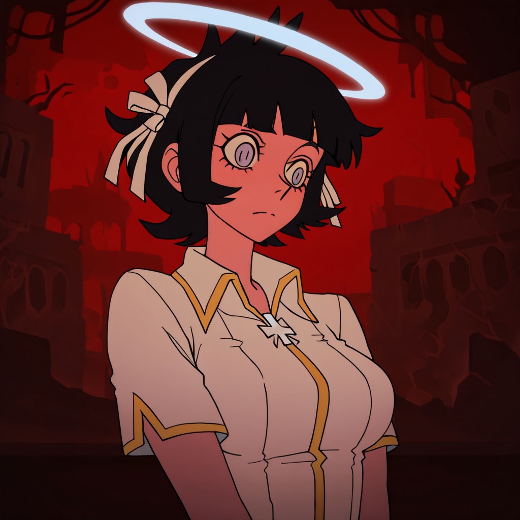 masterpiece, best quality, newest, absurdres, highres,  DevManV1.0-IL, 1girl, azazel_(helltaker), short hair, black hair, halo, white shirt,