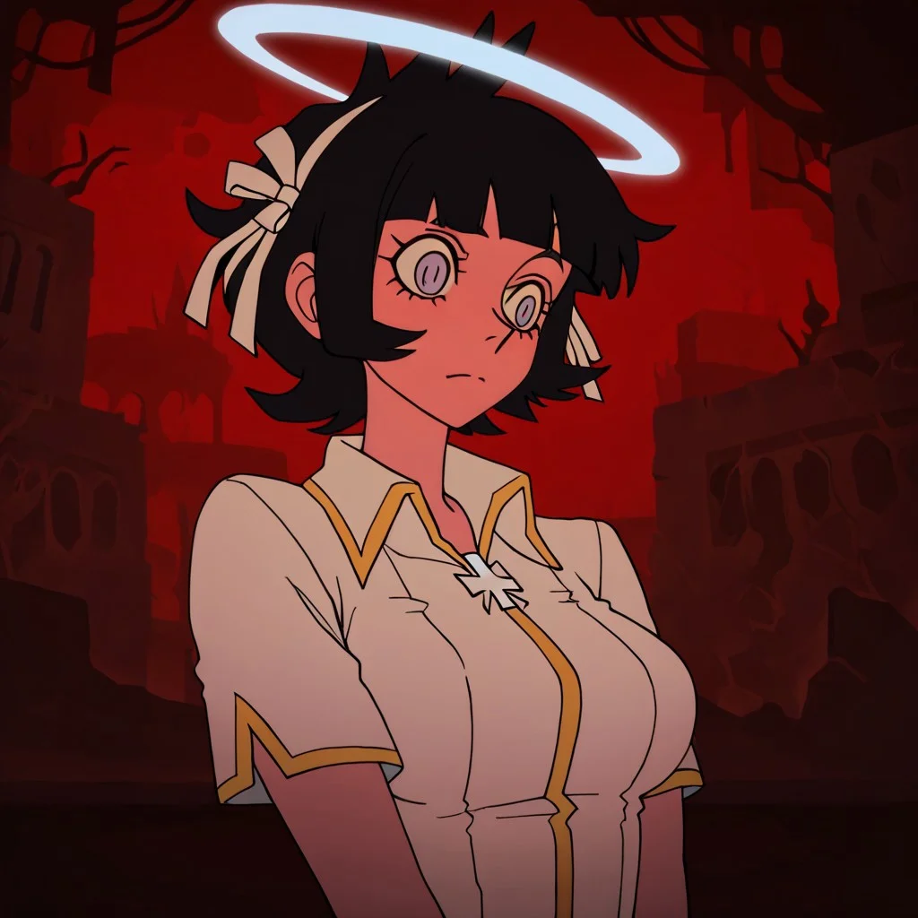 masterpiece, best quality, newest, absurdres, highres, DevManV1.0-IL, 1girl, azazel_(helltaker), short hair, black hair, halo, white shirt,