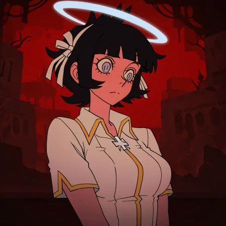 masterpiece, best quality, newest, absurdres, highres, DevManV1.0-IL, 1girl, azazel_(helltaker), short hair, black hair, halo, white shirt,