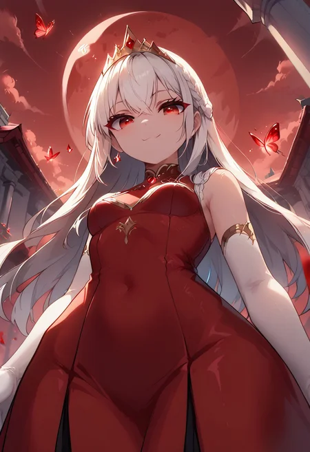score_9, score_8_up, score_8, 1girl, white hair, himecut, red eyes, inviting, perfect eyes, detailed eyes, cute, long hair, girl, small breasts, wide hips, solo, (from below:1.7), sleeveless red dress, beckoning, smug, dynamic view, standing, looking back, narrow eyes, red butterflies, glowing butterflies, naughty eyes, night time, princess braid, gold tiara, white gloves, shoulder length gloves, blood moon, red night sky, glowing red eyes, sinister, balcony, architecture, princess, solo, red sky, evil
