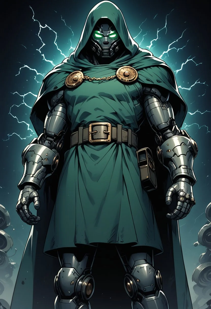score_9 score_8_up, score_7_up, high-resolution comic book illustration of Doctor Doom standing between two towering Tesla coils, enveloped by crackling electrical discharges from the coils, his iconic green cloak and metallic armor gleaming with reflected light, intense and menacing expression on his face, the background is a dark laboratory filled with scientific equipment, blue and white electrical arcs create a dramatic and dynamic scene, emphasizing his power and dominance, vibrant colors and bold lines typical of comic book art style, "sinozick style", easynegative, sinozick style, flat color, dark theme, hood, cape, belt, armor, cloak, mask, gauntlets, muscular, boots, glowing eyes, glowing, electricity