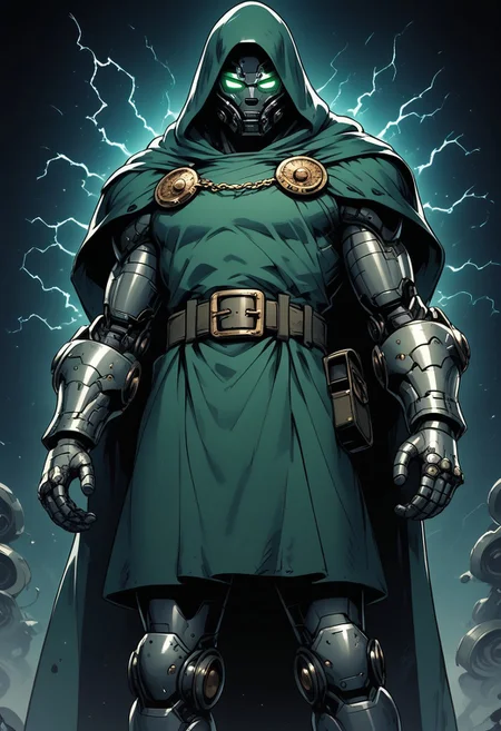 score_9 score_8_up, score_7_up, high-resolution comic book illustration of Doctor Doom standing between two towering Tesla coils, enveloped by crackling electrical discharges from the coils, his iconic green cloak and metallic armor gleaming with reflected light, intense and menacing expression on his face, the background is a dark laboratory filled with scientific equipment, blue and white electrical arcs create a dramatic and dynamic scene, emphasizing his power and dominance, vibrant colors and bold lines typical of comic book art style, "sinozick style", easynegative, sinozick style, flat color, dark theme, hood, cape, belt, armor, cloak, mask, gauntlets, muscular, boots, glowing eyes, glowing, electricity