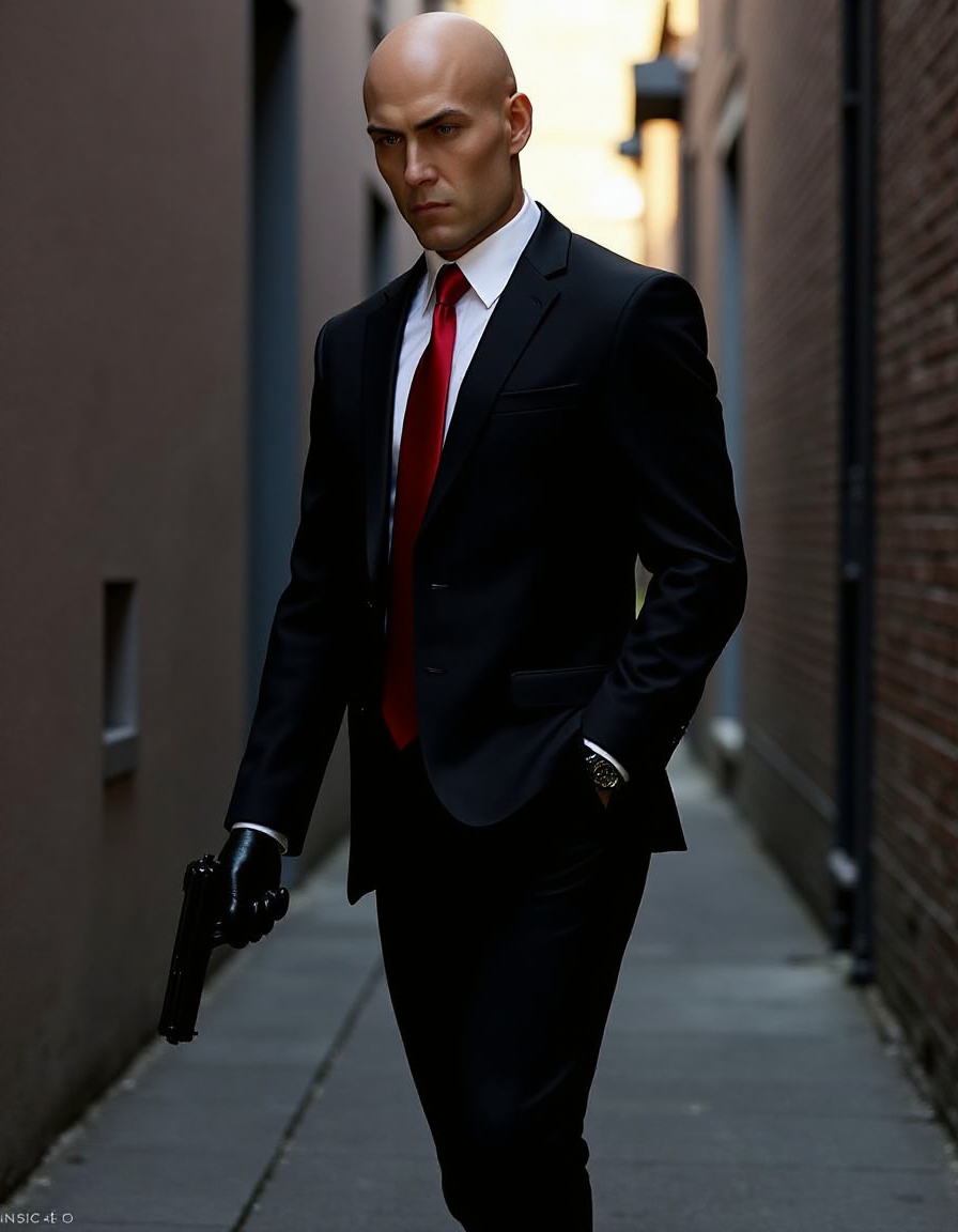<lora:Hitman (World of Assassination)_epoch_4:1>, a bald man wearing a black suit with a red necktie,white shirt,black gloves,black pants,black shoes,a hitman,city,