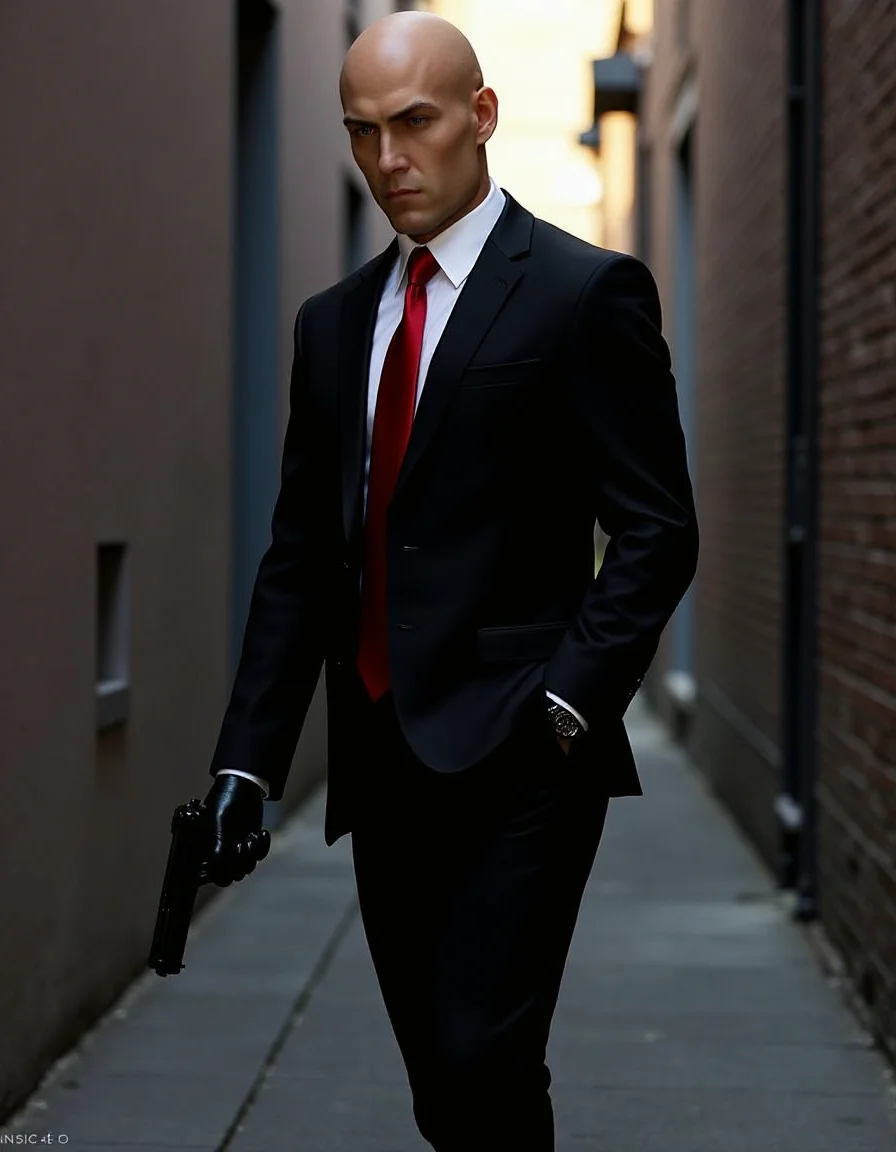 <lora:Hitman (World of Assassination)_epoch_4:1>, a bald man wearing a black suit with a red necktie,white shirt,black gloves,black pants,black shoes,a hitman,city,