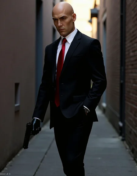 <lora:Hitman (World of Assassination)_epoch_4:1>, a bald man wearing a black suit with a red necktie,white shirt,black gloves,black pants,black shoes,a hitman,city,