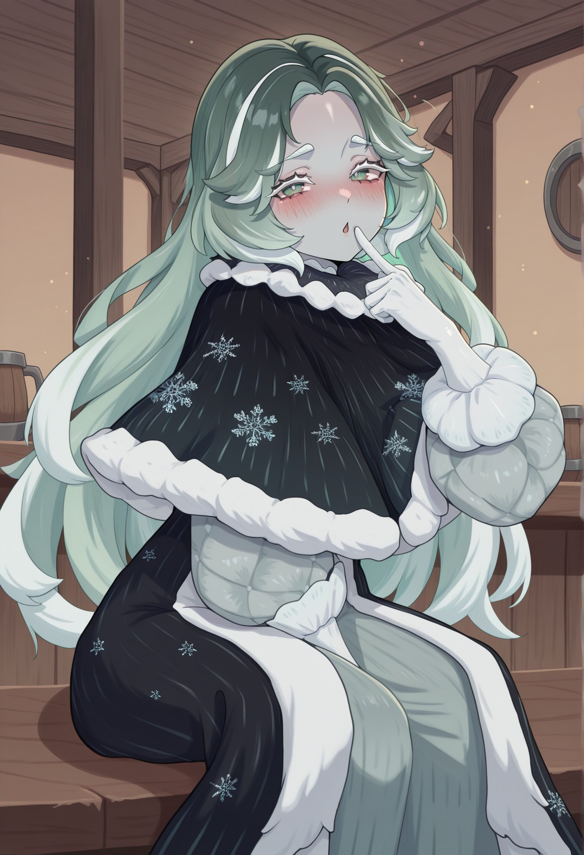1girl, colored skin, grey skin, colored eyebrows, white eyebrows, colored eyelashes, white eyelashes, black eyelashes, multicolored hair, green hair, white hair, green eyes, whinter clothes, dress, coat, puffy sleeves, gloves, capelet, fur trim, snowflake print, solo, indoors, tavern, looking at viewer, blush, embarrassed, finger to mouth, chestnut mouth, sitting <lora:Carolina_AFK:1>, masterpiece, best quality, amazing quality, very aesthetic, absurdres, highres, newest