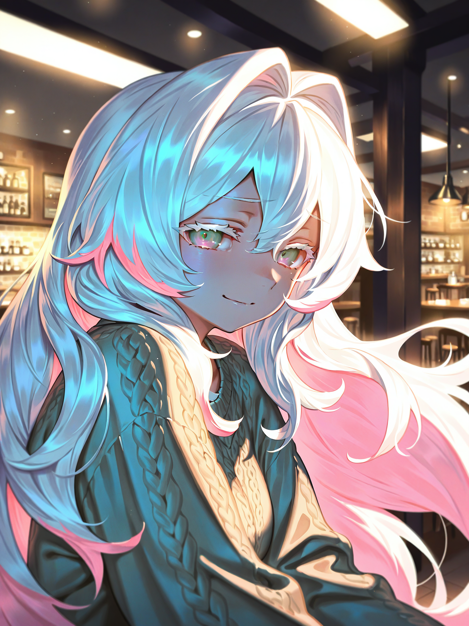 yamamomo \(plank\),  <lora:CRGhostXL:1> CR_WGC, 1girl, two-tone hair, gradient eyes, very long hair, white eyelashes, <lora:cfg_scale_boost:0.5> looking at viewer, hair intakes, sad smile, <lora:spo_sdxl_10ep_4k-data_lora_webui:0.4>, solo, <lora:r-hrtdrp:0.4> detailing, floating hair, lazypos, casual, sweater, cafe, indoors,