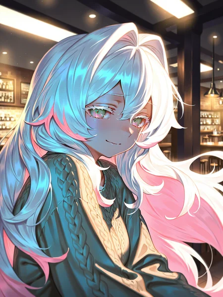 yamamomo \(plank\),  <lora:CRGhostXL:1> CR_WGC, 1girl, two-tone hair, gradient eyes, very long hair, white eyelashes, <lora:cfg_scale_boost:0.5> looking at viewer, hair intakes, sad smile, <lora:spo_sdxl_10ep_4k-data_lora_webui:0.4>, solo, <lora:r-hrtdrp:0.4> detailing, floating hair, lazypos, casual, sweater, cafe, indoors,