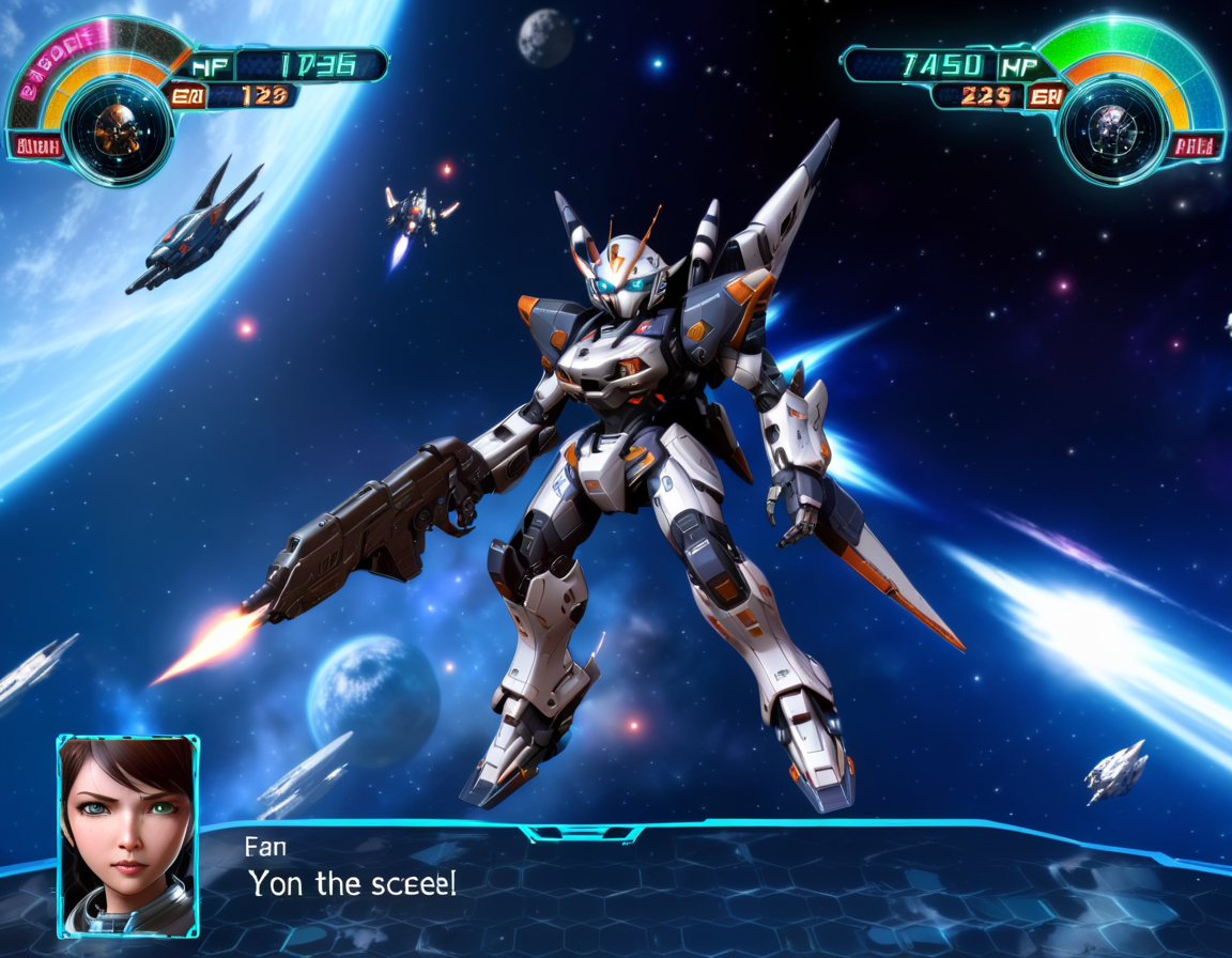 "0599", high quality, A strategic space combat scene within a mecha game interface, now featuring the whimsical Robot Girl in place of the traditional mecha. The playful yet determined expression of Robot Girl's animated avatar replaces the pilot's portrait. Her character, rendered with vivid detail and glowing accents on the game's HUD, stands ready for action, with high HP and energy levels underscoring her resilience. The backdrop of the serene expanse of space sets the stage for the impending futuristic battle, highlighting the contrast between whimsy and the serious nature of high-tech combat, <lora:rw4:0.7>  ,<lora:EnvyMechaGirlXL02:0.7>