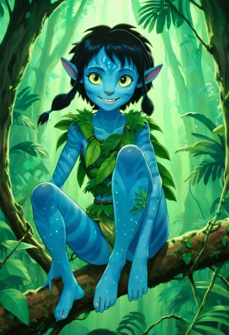 Studio Ghibli Style anime painting of a young female Avatar navi alien with blue skin, wearing leaf and bark armor, smiling and grinning while sitting on a tree branch in a bioluminescent jungle