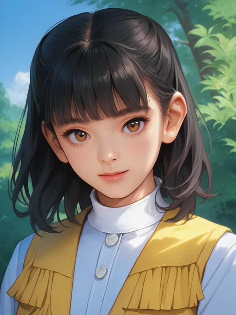 score_9, score_8_up, score_7_up, 1girl,solo,  <lora:100_shaider_annie_pdxl:1> anncost2, black hair, shoulder length hair, bangs, brown eyes, Japanese woman, white standing collar, yellow vest with fringe, yellow fringed skirt, looking at viewer, standing, outdoors, close up view, watch, using communicator