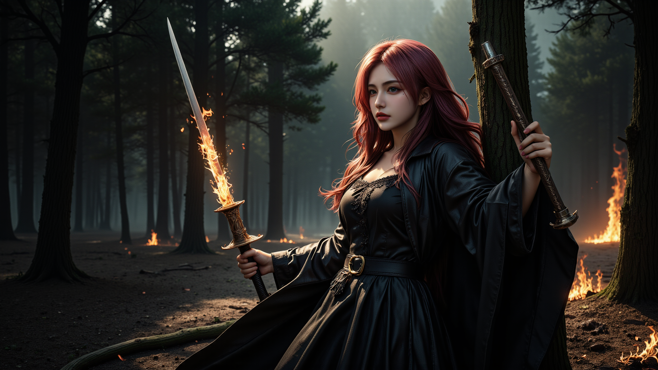 a fair-skinned,pink wavy haired woman with a determined expression,dressed in a black,medieval-style dress with long sleeves and a belt. She holds a sword with a fiery blade,and scabbard,. She stands in a dense,dark forest with tall trees and scattered firelight,creating a dramatic,eerie atmosphere. The lighting highlights her face and the flames,emphasizing her intensity.,<lora:yuukananri-base-02-flux:0.8>,yuukananri,she has a slender physique and a petite build,<lora:aidmaMJ6.1v0.4:0.6>,aidmaMJ6.1,