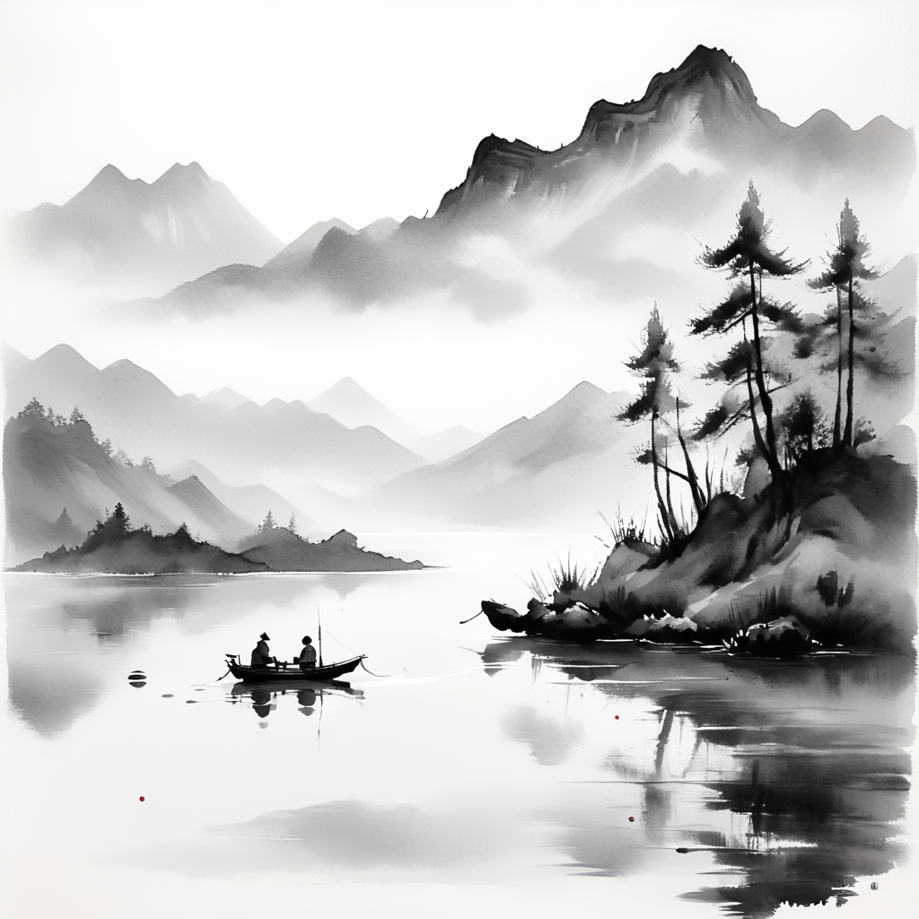 <lora:Zen_Ink_Wash_Sumi-eSDXL:1> ArsMJStyle, Zen Ink Wash Sumi-e, A small fishing boat on a calm lake with mountains in the distance, monochrome, greyscale, white background, tranquil, traditional media, ink, nature, solo, landscape.