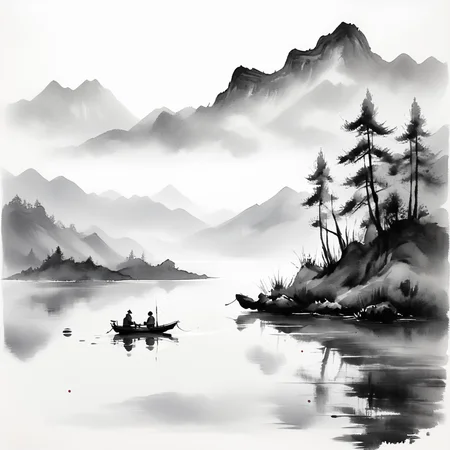 <lora:Zen_Ink_Wash_Sumi-eSDXL:1> ArsMJStyle, Zen Ink Wash Sumi-e, A small fishing boat on a calm lake with mountains in the distance, monochrome, greyscale, white background, tranquil, traditional media, ink, nature, solo, landscape.