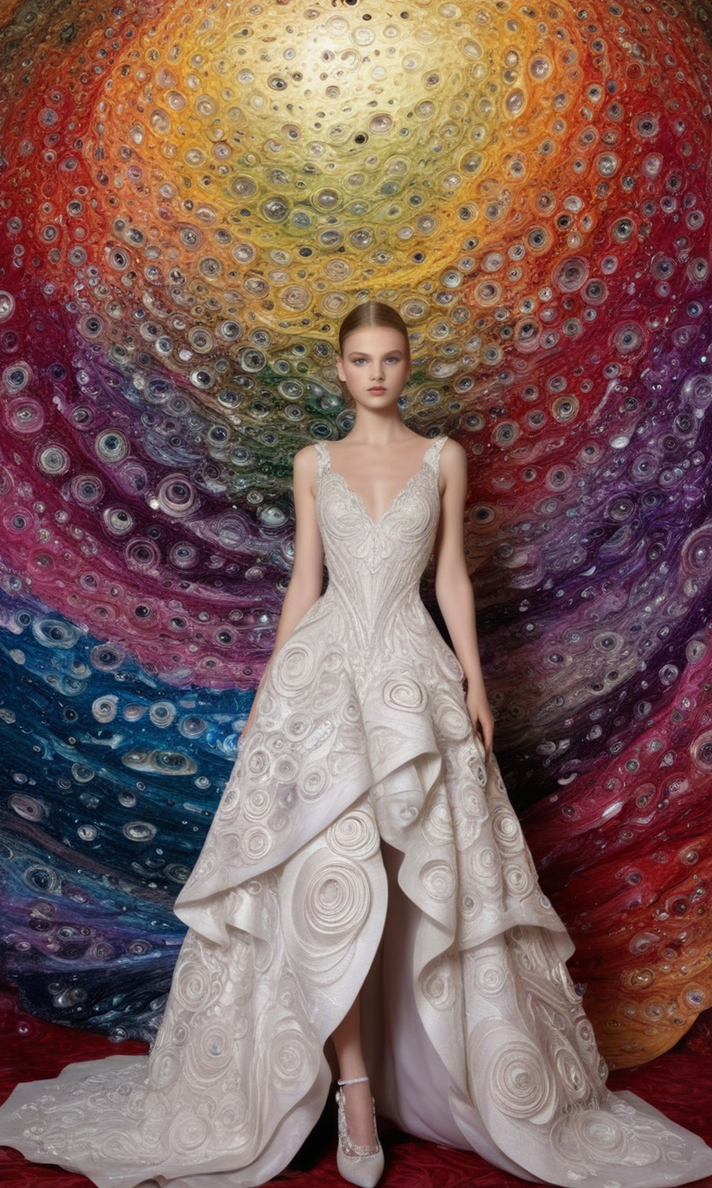 A striking woman stands in a dreamlike, futuristic supermodel, vogue style photoshoot, dressed in haute couture gown, dior and Alexander McQueen style, with glass embroidery and silk with bioplastic, swirls and swirls, in the style of scientific illustrations, multi-layered color fields, paper sculptures, elegant illustrations, heavy use of palette knives, cinematographic shoot, The atmosphere is serene yet charged with emotion, blending beauty and surrealism into a timeless, artistic vision.
 <lora:detailed_notrigger:1.0> <lora:Dynamic Poses V2:1.0>