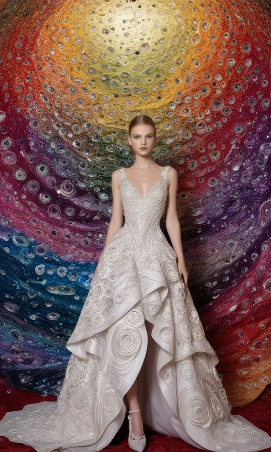 A striking woman stands in a dreamlike, futuristic supermodel, vogue style photoshoot, dressed in haute couture gown, dior and Alexander McQueen style, with glass embroidery and silk with bioplastic, swirls and swirls, in the style of scientific illustrations, multi-layered color fields, paper sculptures, elegant illustrations, heavy use of palette knives, cinematographic shoot, The atmosphere is serene yet charged with emotion, blending beauty and surrealism into a timeless, artistic vision.
<lora:detailed_notrigger:1.0> <lora:Dynamic Poses V2:1.0>