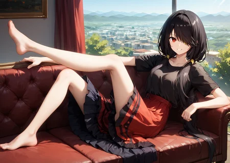 score_9, score_8_up, score_7_up, score_6_up, score_5_up, score_4_up, , scenery, masterpiece, best quality, very aesthetic,,
, looking at viewer, laying, modeling on sofa, <lora:Kurumi_Tokisaki:0.8> black hair, red eye, long hair, twintails, hair over one eye, yellow eye, heterochromia, clock eye, red shirt, plated skirt, black shirt, sitting, smiling,legs kicking,