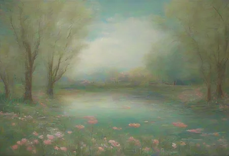 A vibrant spring scene in full bloom, with a serene pond nestled in the heart of a lush meadow. The sky above is a canvas of soft, pastel colors—pale blues, pinks, and yellows—blending together as the morning sun gently rises, casting a warm glow across the landscape. A picturesque willow tree, adorned with delicate, swaying branches and emerald leaves, arches over the pond, creating a whimsical frame. On the water's surface, a family of ducks glide gracefully, their vivid reflections dancing amidst the shimmering ripples. Around the pond's edge, a riot of colorful wildflowers—tulips, daffodils, and hyacinths—sway in the light breeze, their petals open wide in a silent greeting to the new season. The meadow stretches out, a tapestry of verdant grasses and wildflowers, with the occasional dandelion puff floating through the air. In the distance, a line of blossoming cherry trees forms a pink horizon, while a solitary figure in a straw hat, armed with a fishing rod, stands patiently at the water's edge, basking in the tranquility. The scene is alive with the gentle hum of early morning activity as bees buzz from flower to flower, collecting nectar and contributing to the symphony of spring sounds. The overall atmosphere is one of rejuvenation and peace, a celebration of nature's rebirth.