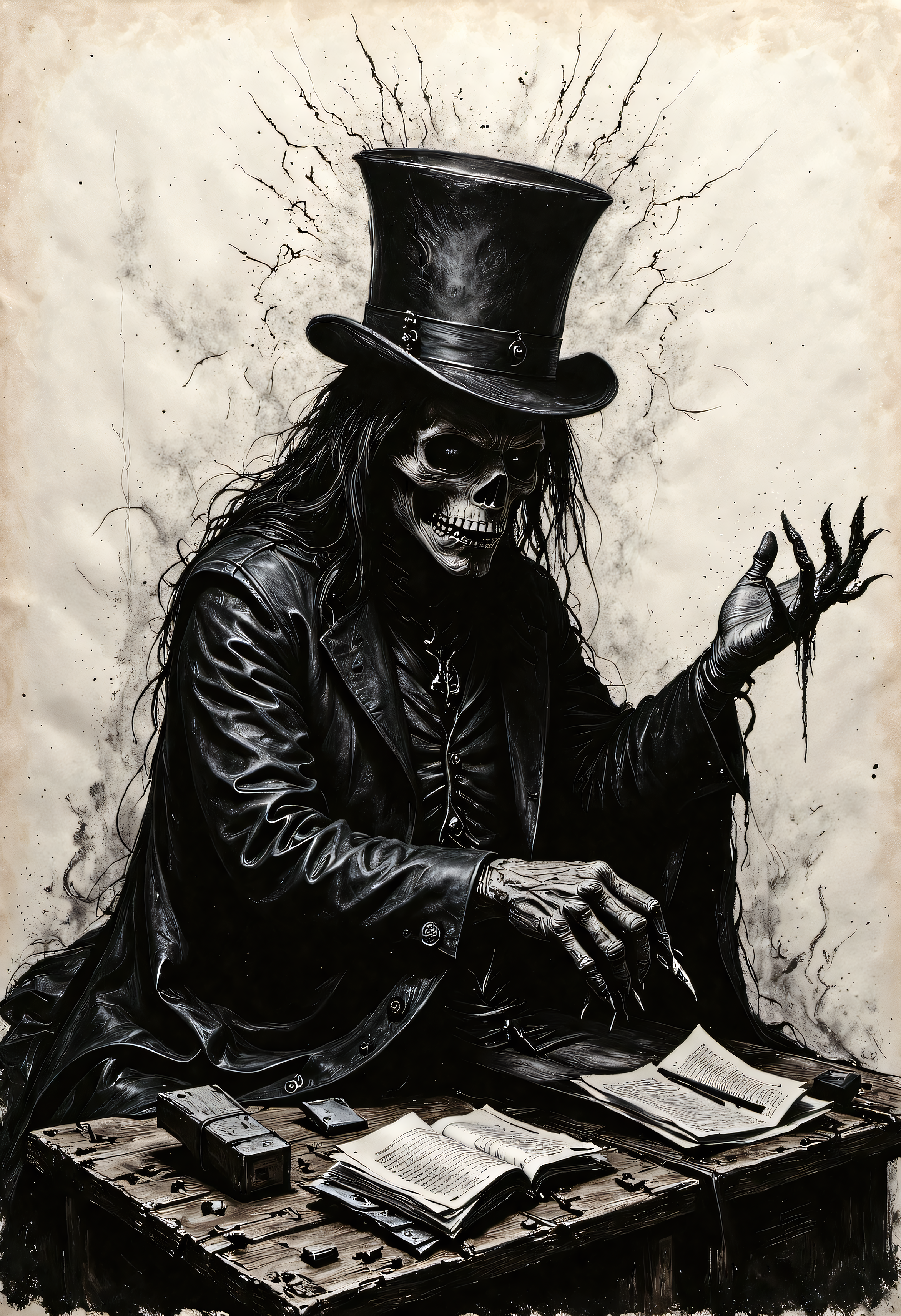 devast8,rbcharcoal,visually stunning magical energy in a vacuum, "long haired Skeleton in a Tophat" by Clive Barker,expressive, emotional