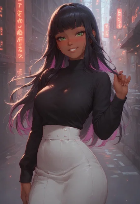 score_9, score_8_up, score_7_up, score_6_up,
1 girl, sexy face, black hair mixed with green, two-tone hair, long hair, hime cut, sexy , cute face , kawai girl, bangs, green eyes, nose blush, large boobs, chest up, boob focus, dark skin, bubble boobs, smile,
city streets, cowboy shot,
long white skirt, black silk top, long sleeves,