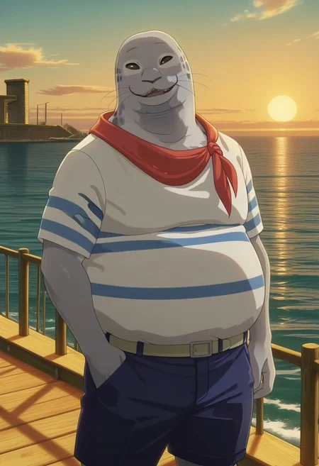 high quality, detailed, male, solo male, Sagwan, 1boy, mature male, anthro, spotted seal, light gray body, fat, big belly, dark gray sclera, black eyes, beastars, looking at viewer, smiling, outdoors, standing, ocean, dock, white and blue striped shirt, red neckerchief, dark blue shorts, half body, volumetric lighting, masterpiece
