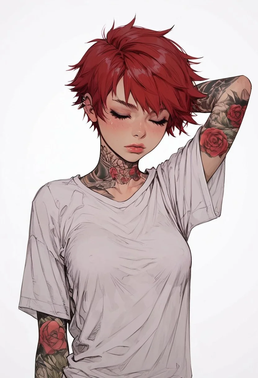 score_9, score_8_up, score_7_up, high detailed, high quality, masterpiece, no text, quality highlights, 8k detail, detailed background, source_anime, dynamic view, hentai, ultra-detailed,
...
1girl, (((solo))), female focus, expressiveh, (young), (warm skin),
(red hair), (black eyes), (very short hair), (pixie haircut),
((skinny body)),
(very small breasts), (teardrop breasts),
closed mouth, lips,
(incredibly sexy), sexy pose, pose, ((arm tattoos)),
body bruises,
...
(white t-shirt), (oversized t-shirt), piercings,
cowboy shot, front view, closed eyes, (one hand behind head),
...
((white background))