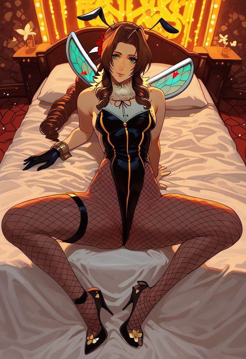 score_9, score_8_up, score_7_up, masterpiece, high quality, ultra detailed, absurdres, Expressiveh,  negative_hand, g0thicPXL, neon BREAK 1girl, 24 year old girl, slim figure, medium boobs, pierced nipples, round butt, aerith gainsborough, makeup, brown hair, green eyes, black gloves, (highleg leotard, fishnet pantyhose, antennae, insect wings, leg ribbons, high heels, fur collar, hair flower) BREAK posing, sexy, sitting on bed,  leaning back BREAK stripclub, private room, private booth, red heart bed, heart bed, heart-shaped bed, heart shaped bed, late night, closeup