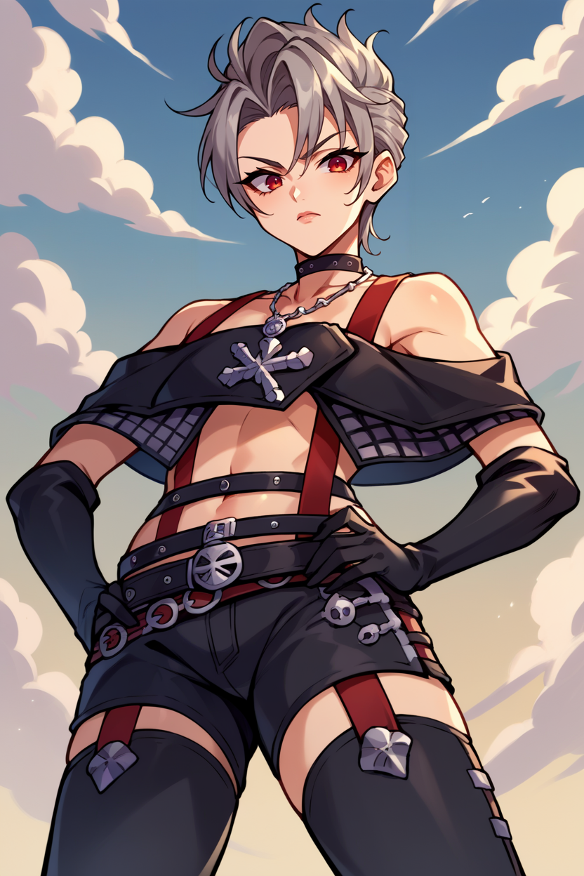 score_9, score_8_up, score_7_up, score_6_up, source_anime, BREAK 1girl, solo  <lora:ffpaine-pdxl-nvwls-v1-000005:1> ffpaine, grey hair, choker, suspenders, necklace, off-shoulder shirt, black shirt, black gloves, midriff, belt, black straps, black shorts, black thighhighs, hand on hip, from below, looking at you, sky, clouds