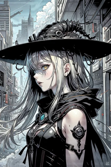 best quality, masterpiece, 1 girl, adult woman, coral eyes, natural blonde layered hair, focus on character, solo, (style-swirlmagic:0.8), solo, 10%from side, side view, upper body, detailed face, <lora:ChromeTech:0.6>, chrome, metallic, chrometech theme, vampiric mercenary, 40%(glowing eyes:1.0), (innocent wonder,:1.05), 3%sleeveless doublet, cape, shrouded in a cloak of sparks, 10%weaving supernatural sigils, neural-link implants enhancing cognitive abilities, 20%long-healed claw marks, gray color palette, outdoors, lamps,,smoke, 20%futuristic sky city, clouds in background, summer, backlighting,