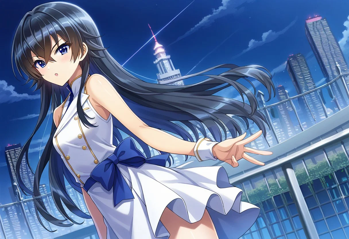 score 9, score 8 up, source anime, masterpiece, best quality, detailed eyes, detailed face, cowboy shot, outdoors, cityscape, night sky,
Otsuki Hagane, blue eyes, black hair, hair between eyes, very long hair, small breasts,