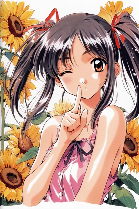 Kaho Morii,1girl,solo,flower,sunflower,one eye closed,brown eyes,brown hair,black hair,upper body,ribbon,hair ribbon,looking at viewer,twintails,sleeveless,traditional media,index finger raised,short hair,white background,finger to mouth,bare shoulders,bangs,shirt,simple background,shiny,parted lips,1990s \(style\),retro artstyle,<lora:Mizutani Tooru_XL:0.8>,