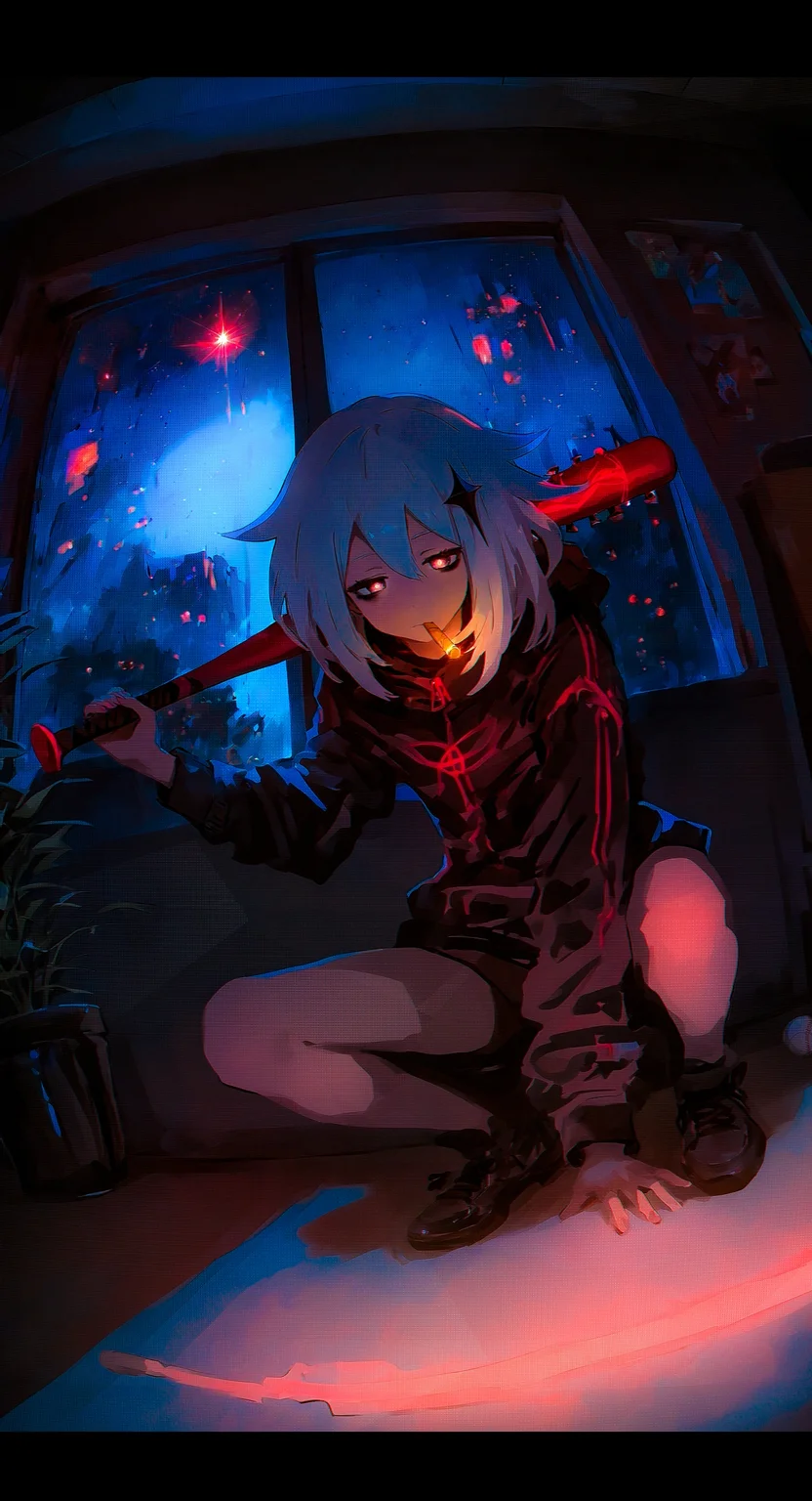 (cinematic medium shot in style of solo leveling,:1.2) (by keihh:1.1), j.k., anime coloring, gradient coloring, (glowing theme:1.2), (dark theme:1.2), (black theme:1.1), red theme,
1girl, original, paimon \(genshin impact\),
holding large baseball bat, squatting, bags under eyes, leaning forward, foreshortening, half-closed eyes, staring, looking at viewer, head tilt, bored, (dutch angle:1.2), perspective, vanishing point, fisheye, sharp teeth, closed mouth, baseball bat over shoulder, arm support, indoors, potted plant, window,
smoking cigar,
very awa, best quality, highres, masterpiece,
<lora:nhl-004:0.7> nhl-004, <lora:nhl-001-20:0.25> nhl-001,