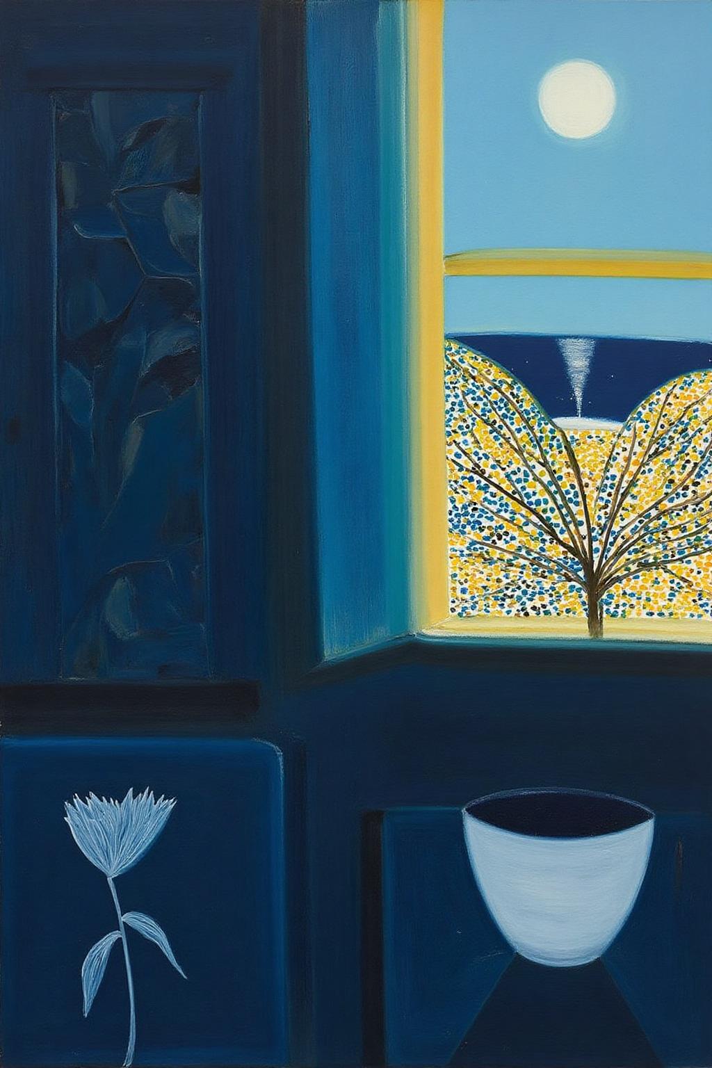 mawo1 painting.
A painting that blends elements of abstract and semi-realistic styles. The artwork features a dark, deep blue rectangular composition on the left side, representing a dark interior space. A white ceramic bowl with a delicate blue pattern sits on a ledge or table, partially visible, with a single, stylized white flower stem and leaves extending from it. To the right of the bowl, a bright, sunlit window frames a vibrant scene outside. <lora:mawo1_cap_d6a3e12:1.0><lora:821387541883336005:0>