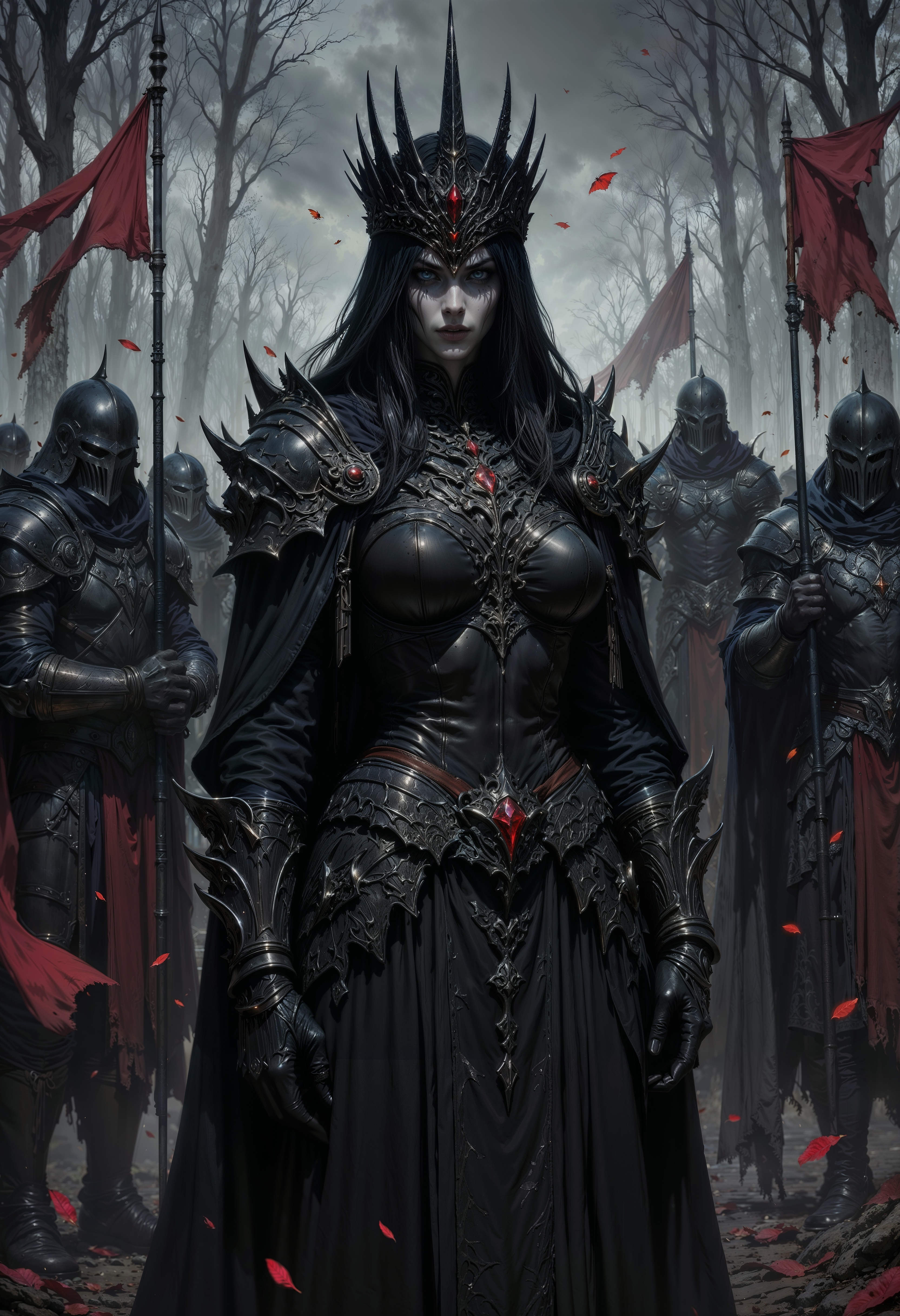a digital painting depicting a dark, gothic fantasy scene. The central figure is a woman with pale skin and long, dark hair, partially covered by a hooded, spiked crown. Her face is painted with white makeup, giving her a ghostly appearance, and her eyes are hidden by the hood. She is dressed in heavy, black armor adorned with spikes and leather straps, exuding a sense of menace and power.
Surrounding her are several armored warriors, similarly clad in black and red armor, with helmets concealing their faces. The warriors are holding long spears, and their red, tattered banners flutter in the wind, adding to the chaotic atmosphere. The background is a misty, gray forest, with tall, thin trees and a dark, ominous sky. Red petals are scattered throughout the scene, creating a stark contrast against the dark tones of the armor and forest.
The overall style is dark and atmospheric, with a high level of detail in the textures of the armor and the natural elements. The painting uses a muted color palette, dominated by blacks, grays, and reds, enhancing the eerie and foreboding mood.