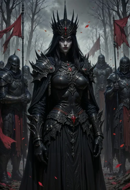 a digital painting depicting a dark, gothic fantasy scene. The central figure is a woman with pale skin and long, dark hair, partially covered by a hooded, spiked crown. Her face is painted with white makeup, giving her a ghostly appearance, and her eyes are hidden by the hood. She is dressed in heavy, black armor adorned with spikes and leather straps, exuding a sense of menace and power.
Surrounding her are several armored warriors, similarly clad in black and red armor, with helmets concealing their faces. The warriors are holding long spears, and their red, tattered banners flutter in the wind, adding to the chaotic atmosphere. The background is a misty, gray forest, with tall, thin trees and a dark, ominous sky. Red petals are scattered throughout the scene, creating a stark contrast against the dark tones of the armor and forest.
The overall style is dark and atmospheric, with a high level of detail in the textures of the armor and the natural elements. The painting uses a muted color palette, dominated by blacks, grays, and reds, enhancing the eerie and foreboding mood.