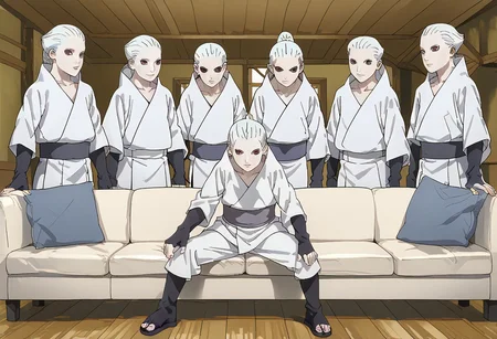 (score_9, score_8_up:1.1), score_7_up, 1girl, ((futa)) Shin Uchiha, Pale Skin, White Hair, White Kimono, Fingerless Glove, Open Toe Footwear, 3 Tomoe Sharingan, Sharingan Eyes, lewd expression, full body, sitting on white couch, indoors, multiple boys, 5boys, boys behind sofa, cute boys, Shin Uchiha, Pale Skin, White Hair, White Kimono, Fingerless Glove, Open Toe Footwear, 3 Tomoe Sharingan, Sharingan Eyes, piperperri_meme, masterpiece, perfect face, beautiful face, perfect hands, beautiful hands, (EyeDetail)