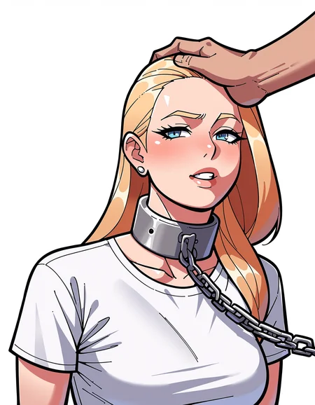 score_9, score_8_up, score_7_up, score_6_up, score_5_up, score_4_up, source_anime, flat color, smouth outline, lineart, white background, a beautiful woman, the viewer is holding her on a leash, blonde hair, metal collar, padlock, chain leash, submissive, white shirt, bend over, 1boy