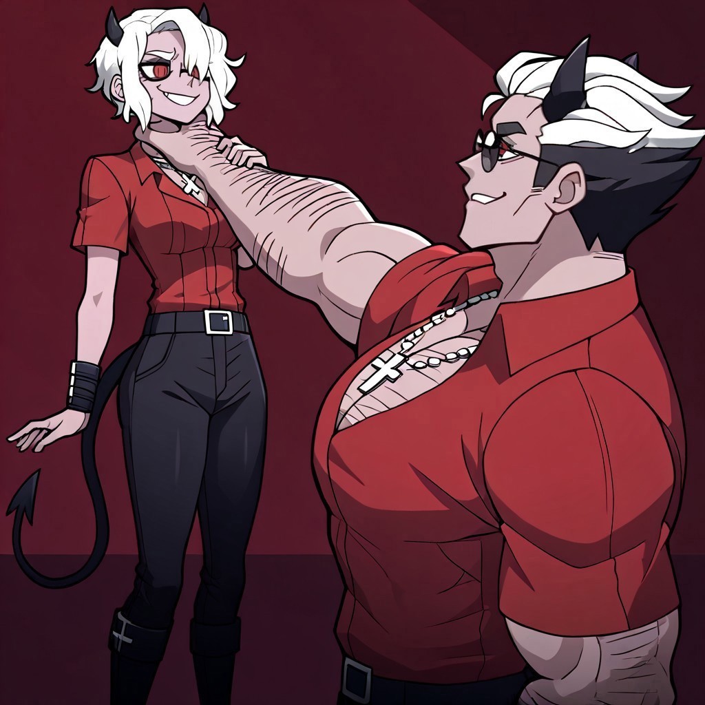 masterpiece, best quality, newest, absurdres, highres, anime, anime style, 
1boy, helltaker (helltaker), black hair, short hair, muscular, muscular male,
sunglasses, glasses
size difference, heigh difference,
femdom,
NLV1.0, neck grab, hand on another's neck, lifting person, hands on another's neck
BREAK 
1girl, zdrada (helltaker), demon girl, short hair, white hair, horns, demon tail, cross, cross necklace, demon horns, necklace, red eyes, red shirt,

 smug, happy,
dangling legs, malesub, size difference, heigh difference, mid-air, suspended, asphyxiation, held, lifted, 