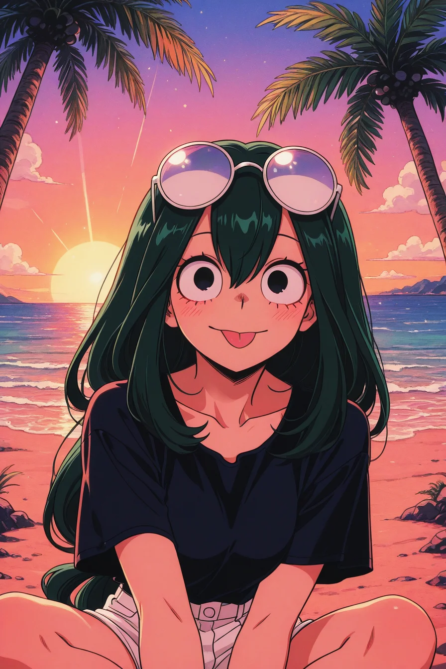 VPAR, 1girl, (Tsuyu Asui:1.4), aged up, adult, 25yo, solo, dark green hair, black eyes, wide eyes, dark blue tshirt, white shorts, white sunglasses on head, palm trees, jungle beach, tropical, vibrant, colorful, concept art, retro artstyle, upper body, sitting on the beach, taking a selfie, POV, volumetric lighting, volumetric shadows, contrasting shadows, golden hour lighting, highlights, god rays, boku_no_hero_academia_style, silly smile, tongue out, top-down view