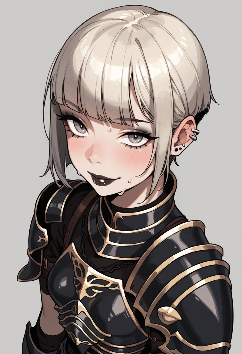 score_9, score_8_up, score_7_up, score_6_up, fantasy,  18yo, 1girl, tavern background, focus from above, extreme closeup, sweat, naughty smile, looking at viewer, gray eyes, female knight, eyes half open, emotionless, goth, pale skin, platinum blonde, dark lipstick, very short hair, short bangs, ((wearing black armor)), shoulder armor, black armor, small breasts, (slim fit), firemblemStyle, gray background,<lora:1g0rXLP:0.2> <lora:Expressive_H:0.45> <lora:g0th1cPXL:0.45> <lora:incase-ilff-v3-4:0.35><lora:PossumMachine_v2:0.6><lora:Fire_emblem_style:0.6>