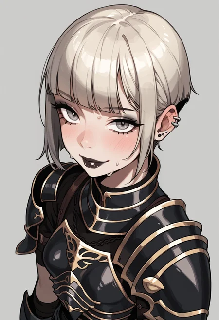 score_9, score_8_up, score_7_up, score_6_up, fantasy, 18yo, 1girl, tavern background, focus from above, extreme closeup, sweat, naughty smile, looking at viewer, gray eyes, female knight, eyes half open, emotionless, goth, pale skin, platinum blonde, dark lipstick, very short hair, short bangs, ((wearing black armor)), shoulder armor, black armor, small breasts, (slim fit), firemblemStyle, gray background,<lora:1g0rXLP:0.2> <lora:Expressive_H:0.45> <lora:g0th1cPXL:0.45> <lora:incase-ilff-v3-4:0.35><lora:PossumMachine_v2:0.6><lora:Fire_emblem_style:0.6>