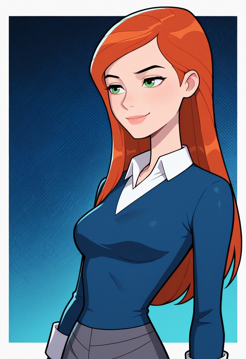 <lora:gwenuaf-10:1> gwenuaf, 1girl, long hair, solo, green eyes, orange hair, lips, breasts, collared shirt, long sleeves, blue shirt, white shirt collar, dark grey skirt, black pants,, smile, upper body, halftone effect, white borders, abstract background:1.2, , masterpiece, best quality, amazing quality, very aesthetic, absurdres, newest, blue background,