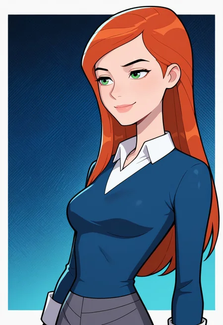 <lora:gwenuaf-10:1> gwenuaf, 1girl, long hair, solo, green eyes, orange hair, lips, breasts, collared shirt, long sleeves, blue shirt, white shirt collar, dark grey skirt, black pants,, smile, upper body, halftone effect, white borders, abstract background:1.2, , masterpiece, best quality, amazing quality, very aesthetic, absurdres, newest, blue background,