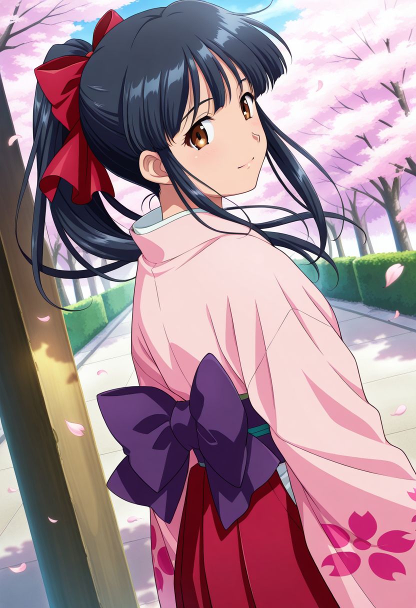 detailed eyes, beautiful, detailed background, perfect eyes,
source_anime, very aesthetic, anime coloring, masterpiece, official art,
<lora:HandFineTuning_XL:1>
BREAK,
sakura tree, japanese street, sakura petals, windy, floating hair,
cowboy shot, dynamic angle,
from behind, looking back, light smile 
BREAK,
<lora:shinguji_illustrious_v01:0.9>
sakuraBase, black hair, hair ribbon, red ribbon, brown hair, ponytail, red bow, sidelocks, bangs,  
meiji schoolgirl uniform, japanese clothes, red hakama,  floral print sleeves, floral print kimono,  purple sash, fingerless gloves, green obijime,