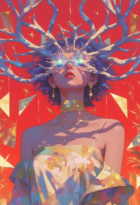 A hyper-realistic full-body portrait of an Asian woman with an extraordinary hair design styled into surreal waves, with twisted loops shaped like abstract tree branches tipped in iridescent violet. Her eyes are concealed by holographic, shimmering face jewelry that reflects the golden light around her. She wears the NU London jumpsuit with a wide-leg silhouette and large open pockets, the polyester fabric adorned with surreal abstract patterns in glowing hues of gold and green. Her avant-garde pose includes a slightly arched back with arms extended upward, as though reaching for an unseen force. The background is a fiery crimson, accented by glowing golden triangular grids and surreal floral shapes. Soft shadows dance across the scene, creating depth and mystery. Photographed with a Sony Alpha 1, 90mm f/2.8 macro lens, ISO 100, emphasizing the glossy textures. Post-processed in Topaz Gigapixel AI for stunning clarity and refinement. (surreal photo, iridescent, aesthetic, in the style of Jed-clrfl, ne0nfant4sy)