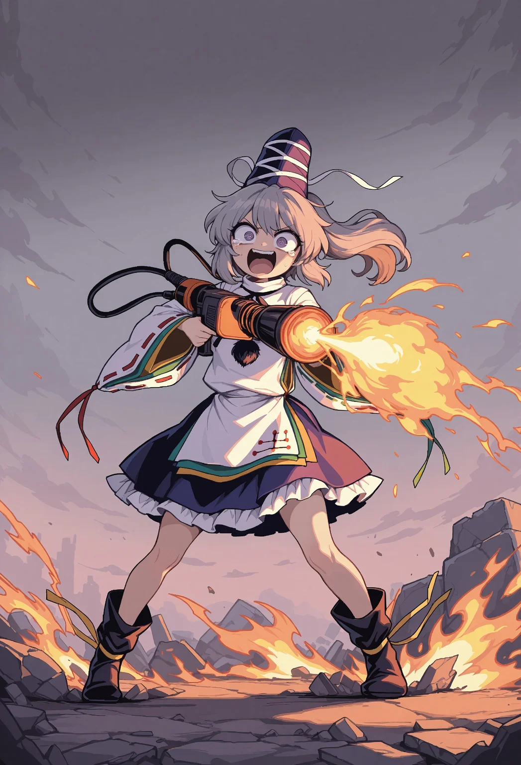masterpiece, best quality, amazing quality, absurdres, colorful, very aesthetic, 1girl, solo, mononobe no futo, crazy eyes, tears, fearful, (complete psycho, maniacal laugh), going mentally insane, expressive, open mouth, (aiming upwards), flamethrower, holding flamethrower, charging massive fireball, charging flamethrower attack, standing on rubble, arson, burning buddhist temple